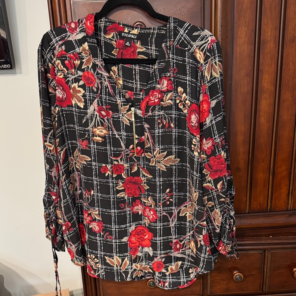 Roz & Ali Black and Red Floral Plaid Blouse
